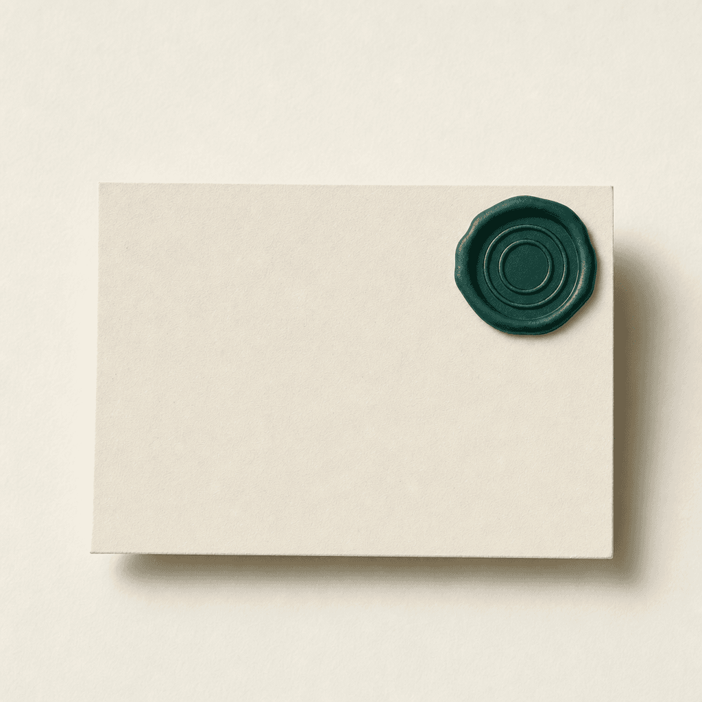 A blank rectangular cream-paper card lying flat on a cream surface with a single deep-teal wax seal pressed into its upper-right corner — identity stamped, recognised.