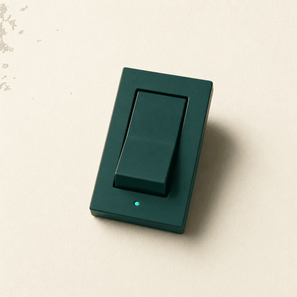 A matte deep-teal rocker light switch lying on cream paper, paddle clearly toggled into the ON position with its small pilot light lit — every feature switched on.