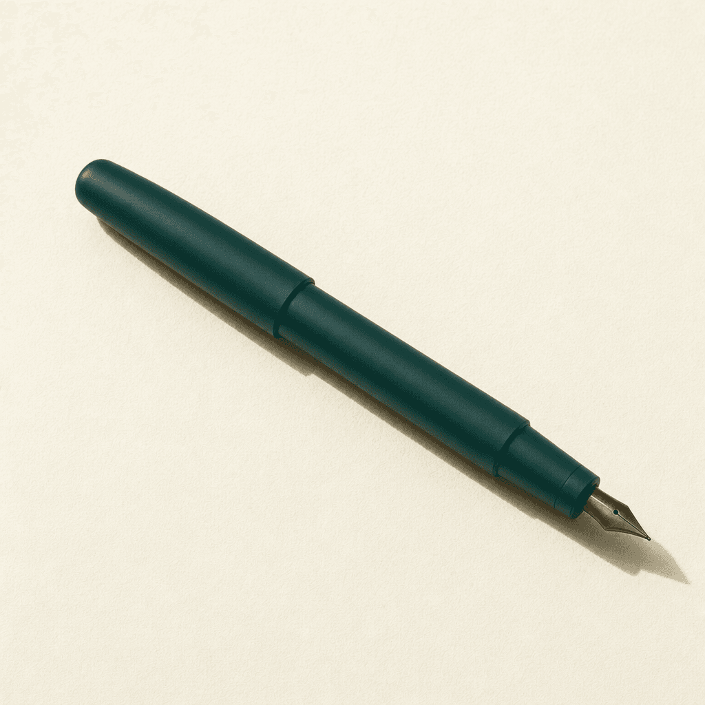 An elegant fountain pen with a matte deep-teal lacquered barrel and a warm bronze nib, lying diagonally across cream paper — someone at a desk, ready to write back.