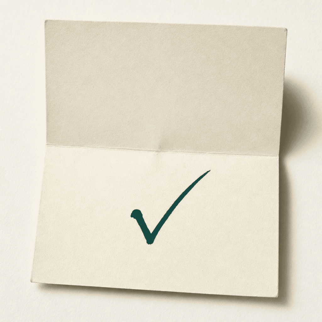 A small folded cream-paper note resting on a cream surface, marked with a single hand-drawn deep-teal check — a clinician's mark on a note from the room.