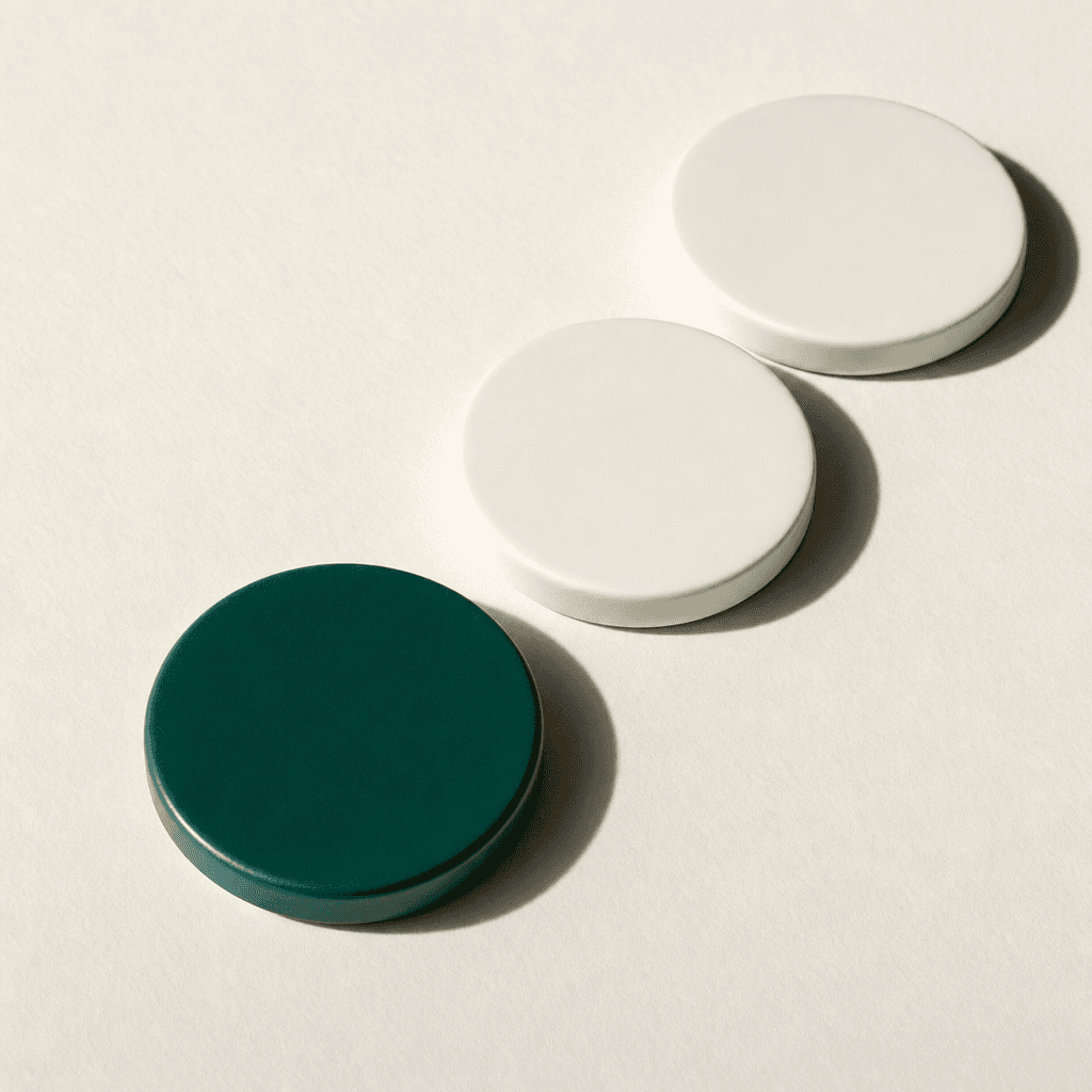 Three small ceramic discs in a diagonal row on a cream surface; the foremost disc is matte deep teal, the two behind are cream — the patient leads, everything else follows.