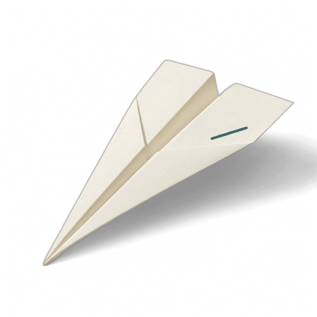 A small cream-paper folded plane resting on a dark teal surface — easy launch, two minutes to set up.