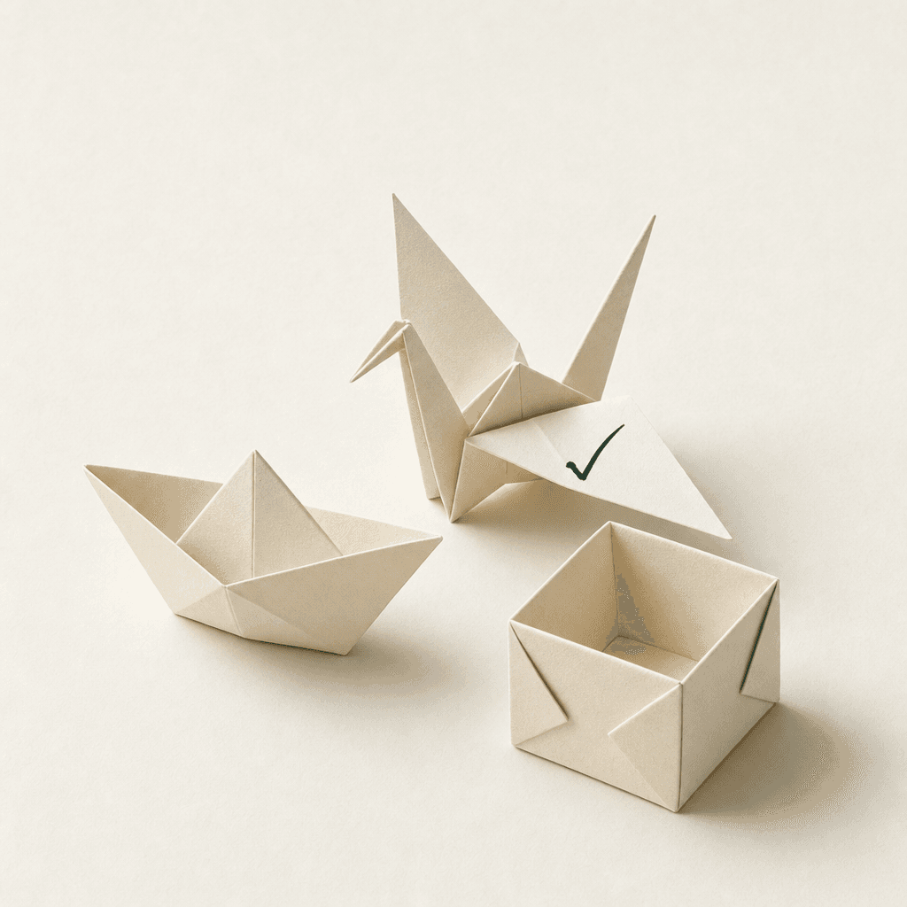 Three distinct cream-paper origami forms arranged on a cream surface — a folded boat, a folded crane and a folded box. Same paper, three specialised shapes.