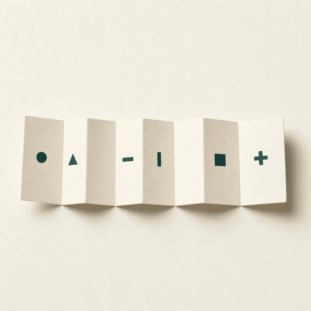A partly-unfolded cream-paper accordion fan stretched across a cream surface, its six visible panels each carrying a different small deep-teal abstract glyph — six languages, one continuous piece of paper.