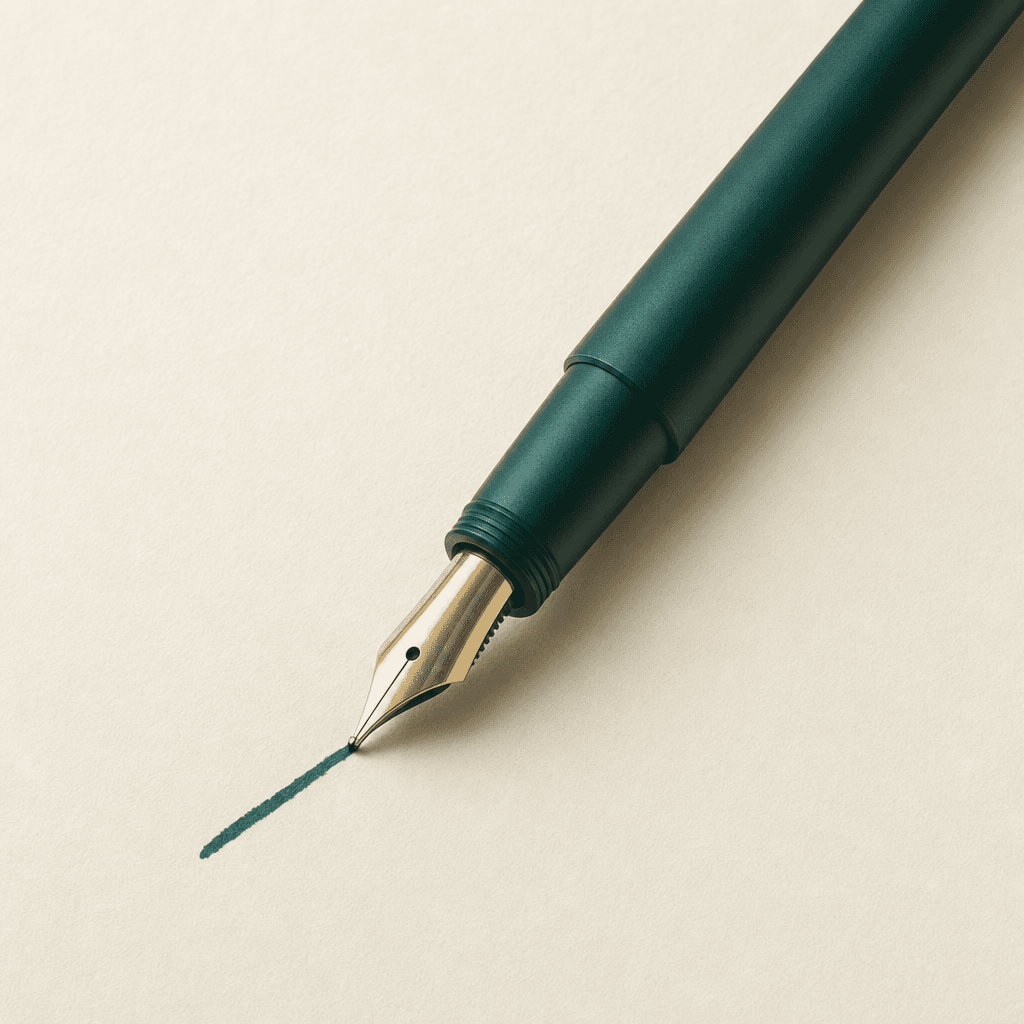 A single fountain pen with a matte deep-teal barrel resting on a sheet of cream paper, a fresh deep-teal ink line just beginning to extend from the polished nib.